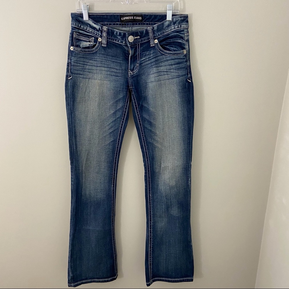 Express Stella Bootcut Jeans Distressed Size 6 Dark Wash Thick Stitch Stretch